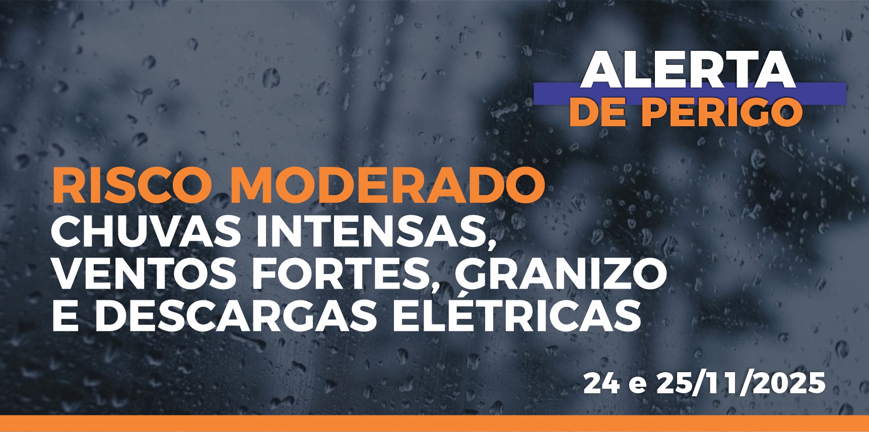 Defesa Civil emite alerta para risco moderado de chuvas intensas, ventos fortes e granizo para os dias 24 e 25 de novembro