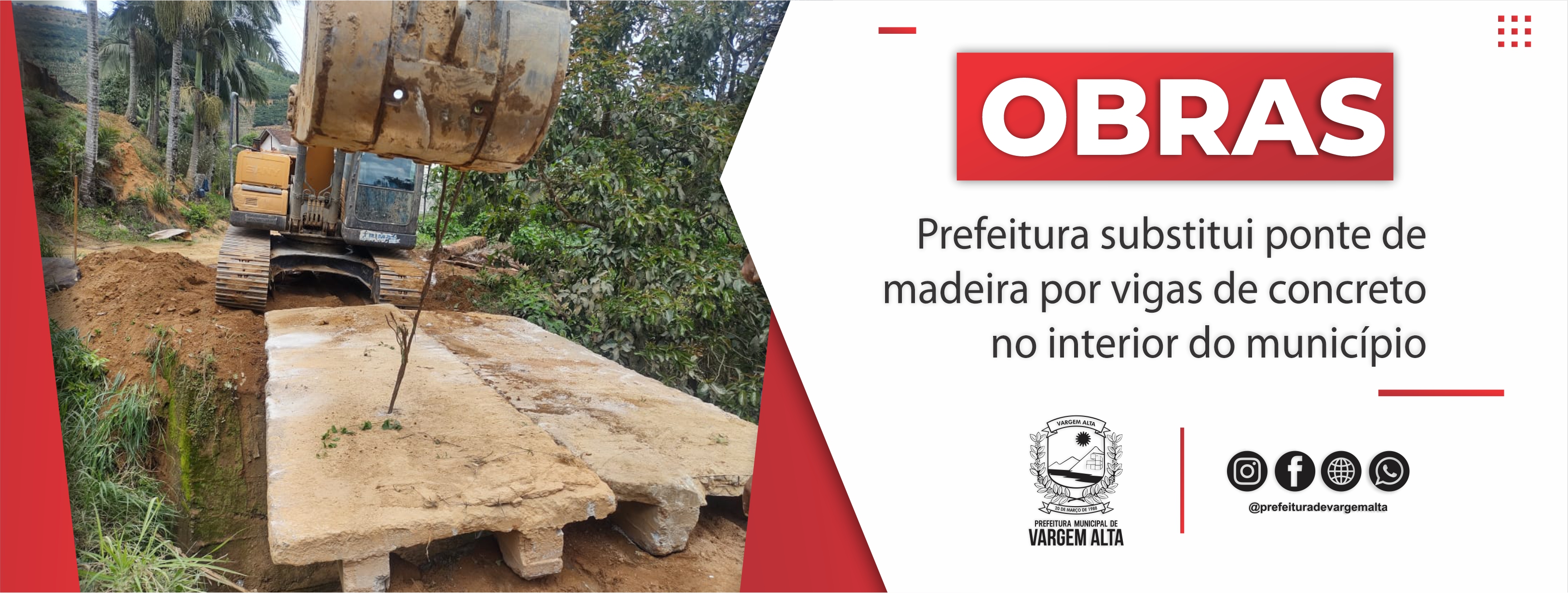 Prefeitura substitui ponte de madeira por vigas de concreto no interior do município