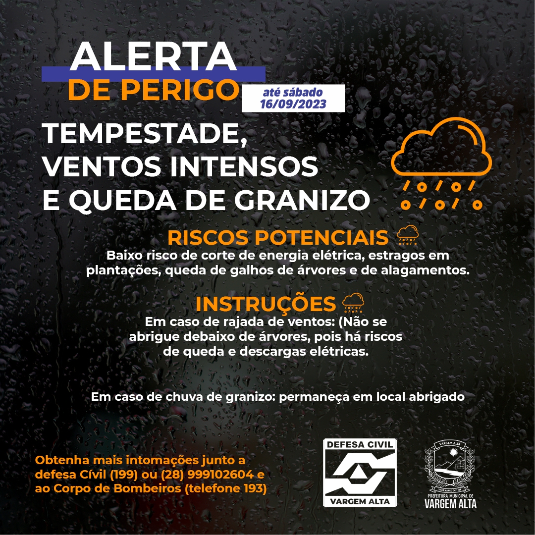 Defesa Civil de Vargem Alta emite alerta para o risco de tempestade até  sábado (16)