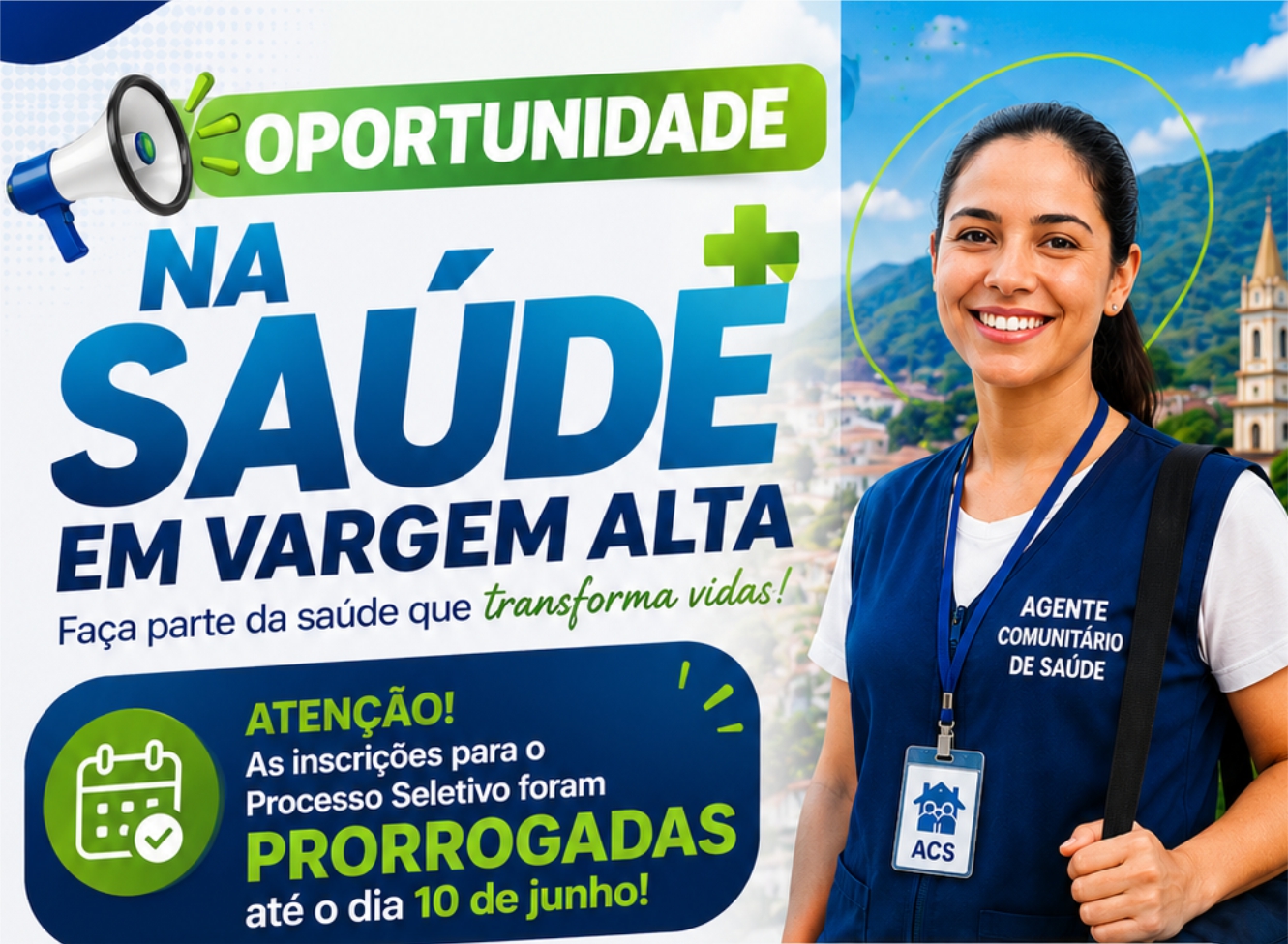 Imagem da notícia: Prazo de inscrições é prorrogado para seleção de Agente Comunitário de Saúde em Vargem Alta